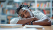 © Iuliia Metkalova - African American Student Sleeping Among Books in a Library - Concept of Exhaustion, Study, and Rest in an Academic Setting. Generative ai