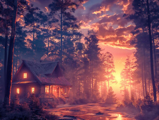 Wall Mural - A cabin in the woods with a porch and a porch light. The sun is setting and the sky is orange