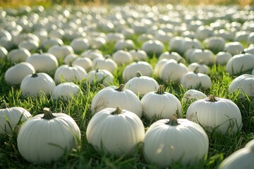 white pumpkins in an autumnal harvest field