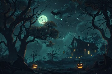 Scary Halloween landscape. Dark forest at night with a haunted house and spooky pumpkins. Halloween season, lonely house or castle, horror concept. Bats in the sky at full moon.