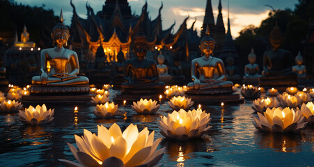 Wall Mural - The lotus flowers float on the water, with many Buddha statues in front of them at night and candles lit around them.