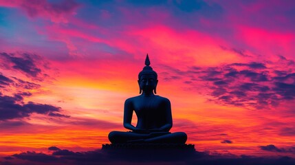 A dramatic silhouette of a Buddha statue against a vibrant sunset sky, with the serene and meditative pose highlighted by the colorful backdrop