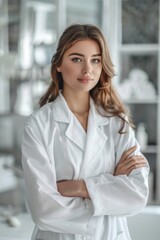 Poster - a woman wearing a lab coat stands with her arms crossed, ready for a task or conversation