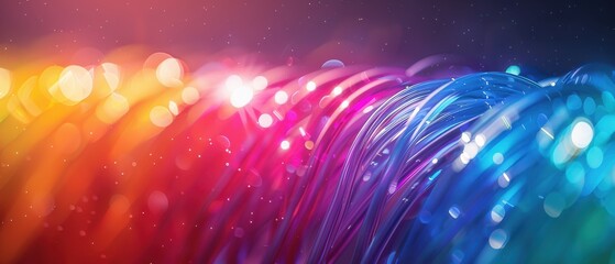 Wall Mural - Optic cables in vibrant rainbow colors, glowing bokeh lights. Free copy space for text.