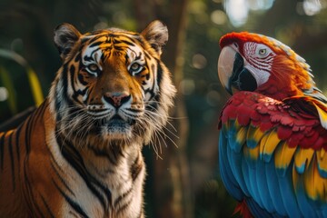 Close-up view of a tiger's face alongside a colorful parrot