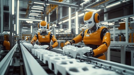 Two humanoid robots working on an assembly line building white plastic parts for cars, showcasing automation in automotive production, plastic part manufacturing