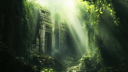 A serene jungle scene featuring ancient ruins, vibrant greenery, and beautiful ray of sunlight illuminating the tranquil atmosphere.