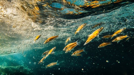 Aufkleber - A dynamic image of a school of fish swimming rapidly, with the water creating trails of bubbles and a sense of motion in the clear ocean.