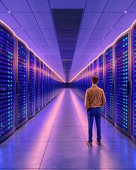 Poster - A person stands in awe within a modern data center, surrounded by illuminated server racks, showcasing technology and innovation.