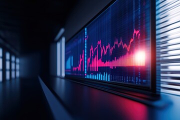 Poster - A sleek financial graph displayed on a large screen, showcasing market trends and data insights in a modern office environment.