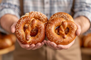 Close-up of person holding two freshly baked soft pretzels with sesame seeds, perfect for snack or bakery advertising.