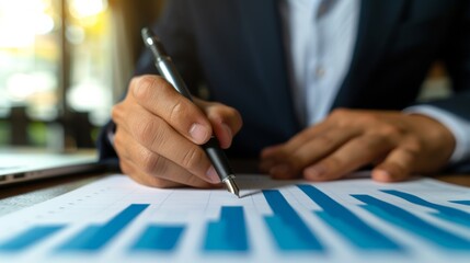 Poster - In an office setting, a businessman is reviewing a financial report attentively with a pen in his hand, focusing on analysis and strategy for business planning and decisionmaking