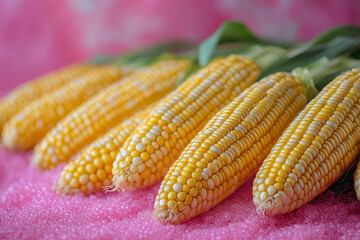 Poster - A close-up of biofuel made from corn, isolated on a pastel pink background, representing an alternative renewable energy source,