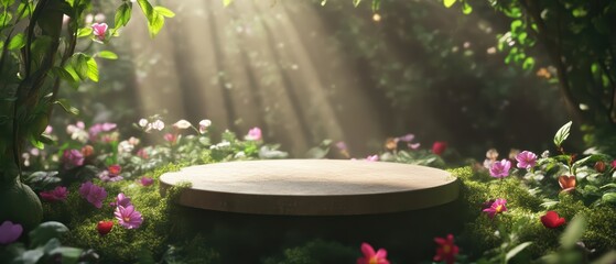 A tranquil forest scene with soft sunlight illuminating a wooden platform surrounded by vibrant flowers and lush greenery.