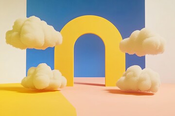 Wall Mural - 3D rendering of a yellow archway surrounded by fluffy clouds on a yellow and peach background.