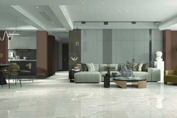 Wall Mural - Minimal contemporary style marble living room, There are grey wall with black empty board, decorate with grey sofa set, wooden coffee table, kitchen and dining room aside. Mockup. 3D Rendering