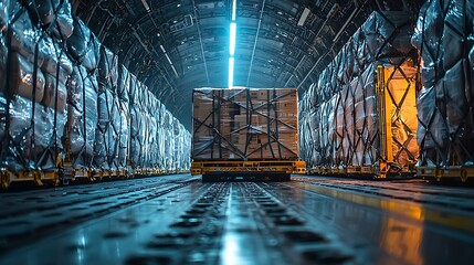 Inside a cargo plane, pallets of boxes and strapping ready for transport.