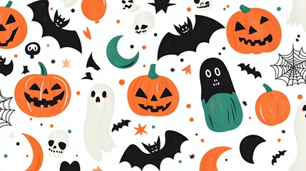 Wall Mural - A festive Halloween pattern featuring pumpkins, ghosts, bats, and skulls on a white background.