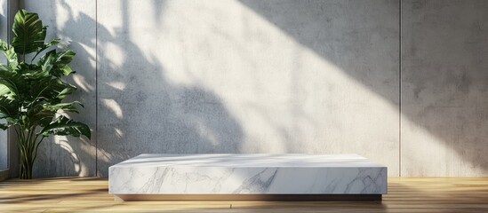 Aufkleber - 3D marble display podium positioned on a wooden floor in front of a white concrete wall Realistic rendering for product promotion Minimalist 3D illustration
