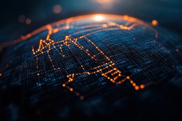 Poster - Abstract digital globe showcasing glowing connections and data flow in a deep blue background, ideal for technology concepts.