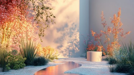 Poster - 3D rendered natural backdrop with vibrant lighting designed for displaying cosmetic products in a landscape setting