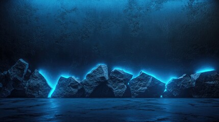 Aufkleber - 3D rendering of a stone wall featuring broken textured edges illuminated by blue neon light showcasing rubble stone slabs suitable for product display backgrounds
