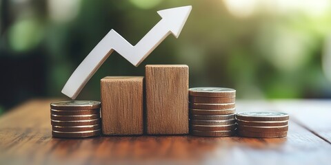 Poster - coins stacking on wooden cube block with white down arrow and difference size percentage for financial recession crisis interest rate decline investment reduce risk management concept