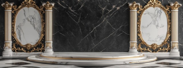 Poster - 3D rendering of marble pedestals or podiums featuring ornate golden frames and decorative elements