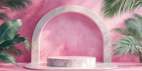 Poster - 3D rendering of a stone palm leaf and pink background featuring a geometric design with a marble podium for display