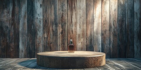 3D background featuring a podium with a rustic wooden theme for presenting perfumes cosmetics and other products 3D rendered illustration