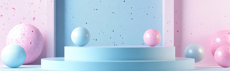 Poster - 3D blue podium background texture featuring pastel hues Abstract geometric forms including triangles and spheres 3D rendering suitable for mockup Minimalist scene with creative concepts