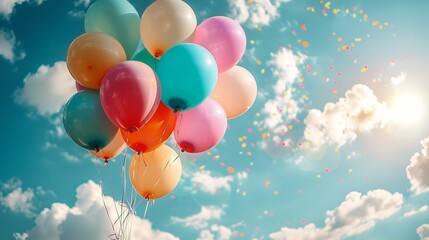 A collection of vibrant balloons soaring against a clear blue sky with plenty of area for writing or background use, Generative AI.