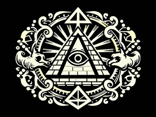 Hand drawn masonic sign of an eye in a pyramid image. Vintage style. Vector illustration.