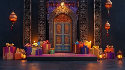 Poster - 3D rendering of a podium adorned with decorative doors gifts and lanterns Ideal for promotional displays during festive sales and religious events