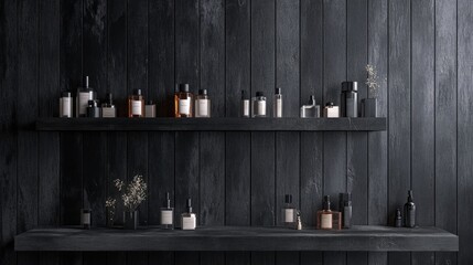 Poster - 3D background featuring rustic black wood display for showcasing perfume and cosmetic products 3D rendering illustration