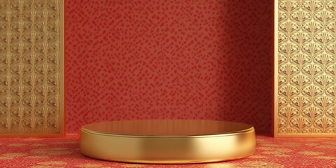 3D rendered illustration of a gold geometric podium mockup set against a traditional red and gold patterned background Display podium for a festive celebration