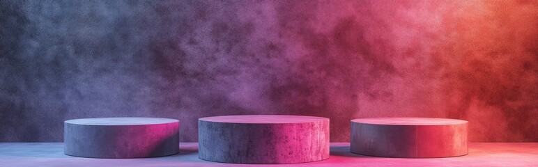 Poster - 3D rendering of three vacant sci fi podiums suitable for product presentation