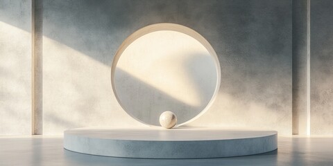 Aufkleber - 3D rendered illustration of a circular product display podium featuring a sphere and an interior setting The abstract modern backdrop creates an empty space for minimal product presentation