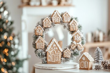 A winter wreath features small gingerbread houses, surrounded by pine elements, placed in a warm, festive indoor environment.