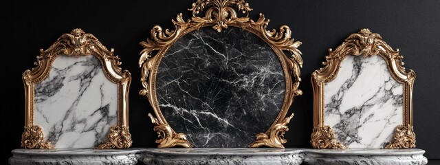 Poster - 3D rendering of marble pedestals or podiums featuring ornate golden frames and decorative elements