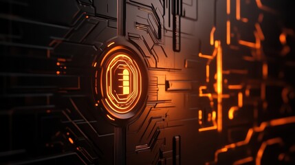 Poster - Futuristic circuit board with glowing orange elements, perfect for technology, innovation, and digital themes.