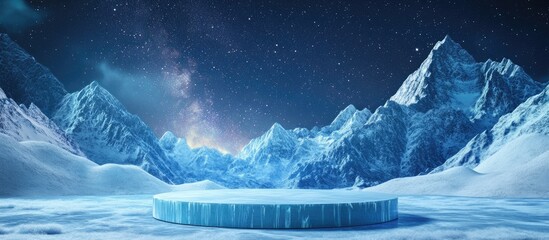 Poster - 3D render of a winter scene featuring an icy podium set against a snowy mountain backdrop complete with a starry night sky ideal for product display and advertising particularly for cosmetic skinca