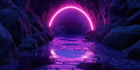 Aufkleber - 3D render featuring an abstract ultraviolet background with cobblestones dark rocks and a glowing neon arch showcasing a liquid floor with reflections ideal for product presentation in a minimalis