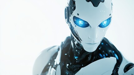 Poster - Futuristic robot with glowing blue eyes, showcasing advanced technology and design in a minimalist environment.