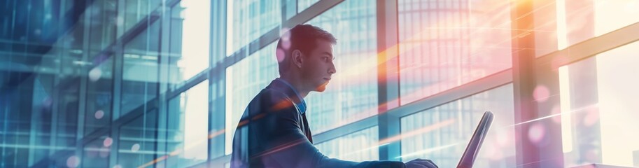 Poster - A dedicated business professional is diligently working on a laptop in a modern office with a cityscape view, showcasing a focus on technology and ambition for professional success