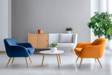 Wall Mural - Orange and blue armchairs and white sofa against wooden cabinet. Scandinavian interior design of modern living room.