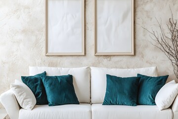 White sofa with teal pillows against beige stucco wall with two frames. Minimalist interior design of modern living room.