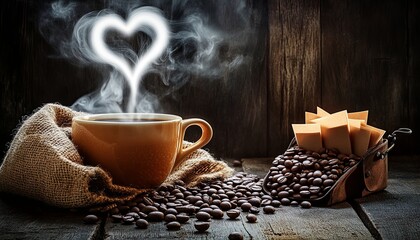 Wall Mural - A cup of coffee with steam forming a heart shape, scattered coffee beans, and a burlap sack on a rustic wooden background.