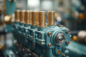 Poster - A polished motor engine with visible oil parts, isolated on a pastel green background, capturing the role of oil in machinery,