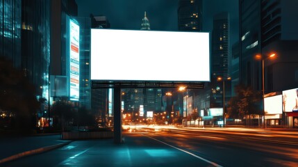 Wall Mural - Urban night scene featuring a blank billboard in a vibrant city with illuminated skyscrapers and light trails from passing vehicles.